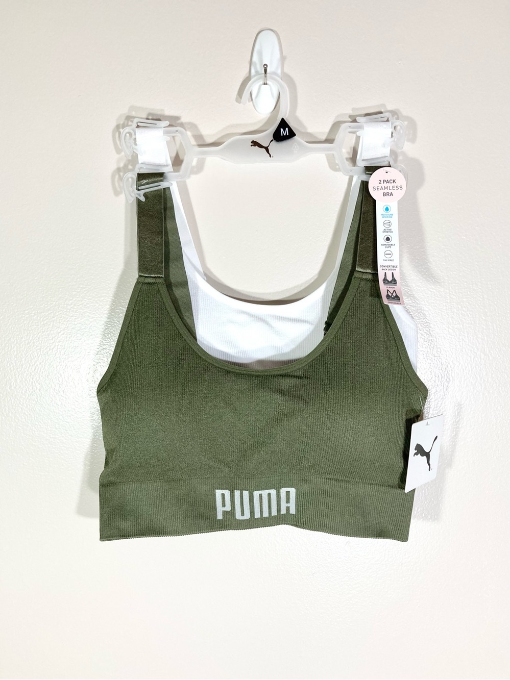 Puma Seamless Ribbed Sports Bras 2-Pack Women’s Size M Olive/White NWT